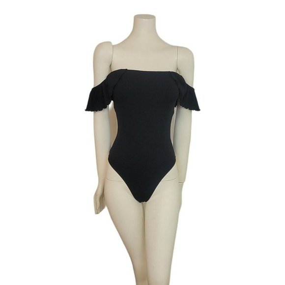 Aritzia Wilfred Black Maeva Bodysuit Ruffled Top Blouse Fine Ribbed Thong Cut M - Picture 4 of 8